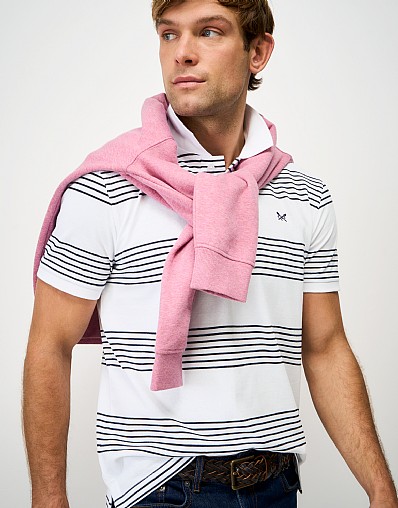 Striped Cotton Rugby Polo Shirt in White & Dark Navy