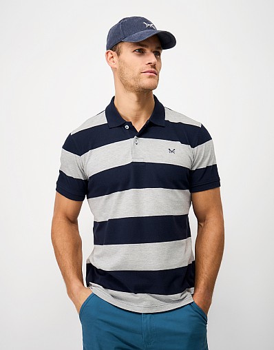 Heritage Stripe Cotton Polo Shirt in Grey Marl and Navy