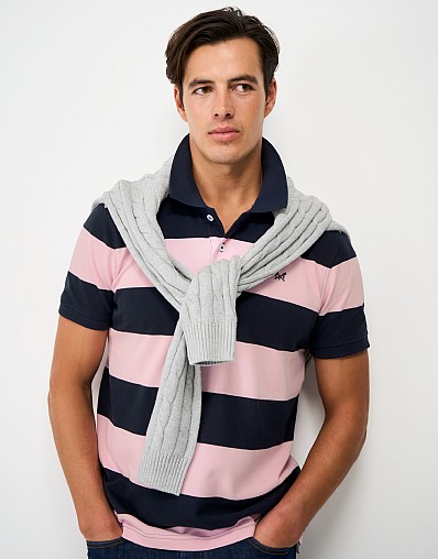 Heritage Stripe Cotton Polo Shirt in Navy and Pink