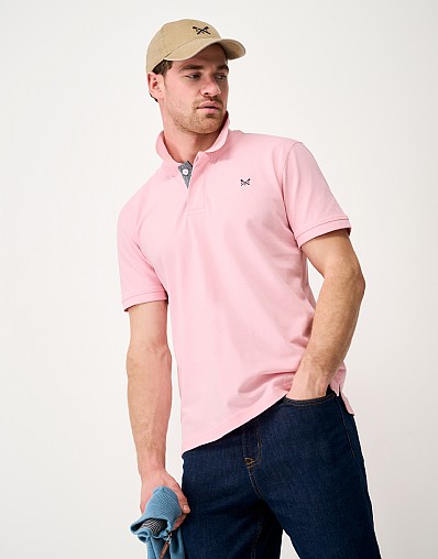 Herringbone Under Placket Cotton Pique Polo Shirt in Pink