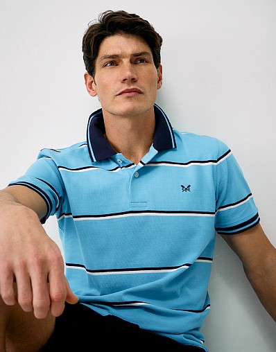 Pique Cotton Oxford Fine Stripe Polo Shirt in Blue