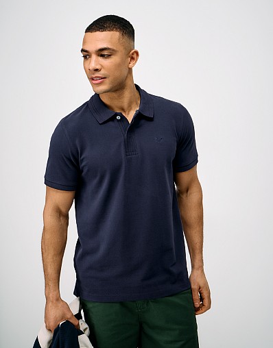Ottoman Rib Placket Cotton Polo Shirt in Navy