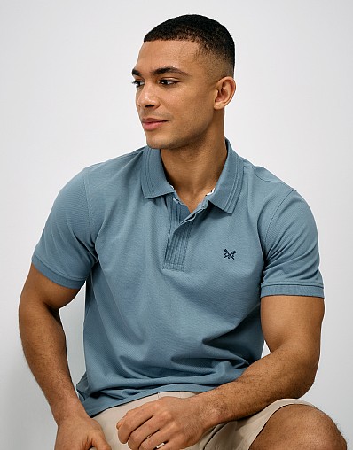 Ottoman Rib Placket Cotton Polo Shirt in Blue