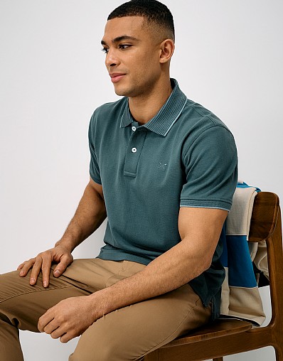 Stripe Ottoman Rib Collar Polo Shirt in Teal Green