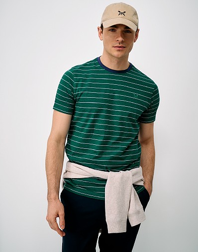 Zig-Zag Jacquard Stitch Stripe Tee in Green White and Navy