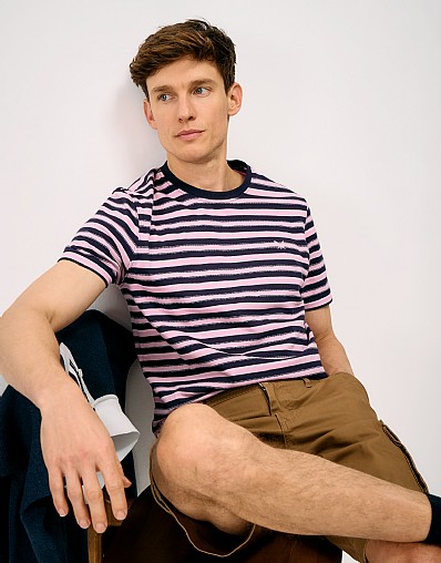 Birdseye Jacquard Cotton T-Shirt in Navy and Pink Stripe