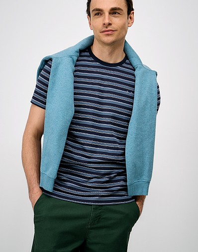 Birdseye Jacquard Cotton T-Shirt in Navy and Blue Stripe