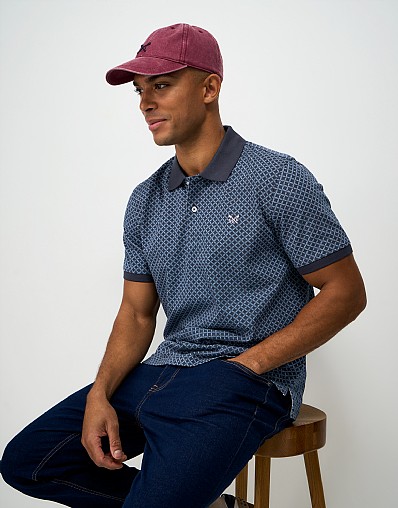Circle Leaf Geo Print Polo Shirt in Dark Blue
