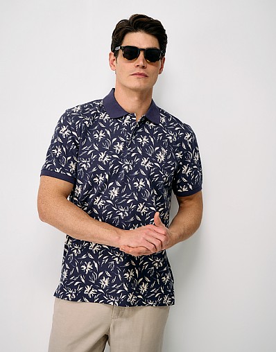 Floral Cotton Polo Shirt in Navy & Ivory