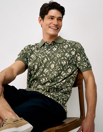 Floral Cotton Polo Shirt in Olive & Ivory