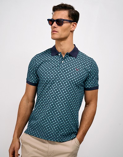 Cotton Geo Tile Print Polo in Blue