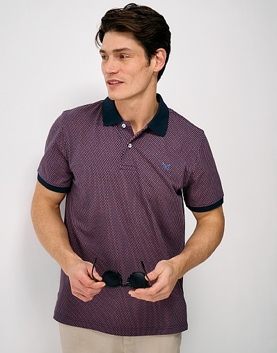 Cotton Herringbone Printed Polo in Navy & Mauve
