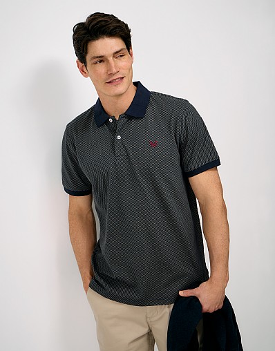 Cotton Herringbone Printed Polo in Olive & Navy