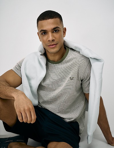 Micro Birdseye Stripe Tee in Green & Ecru