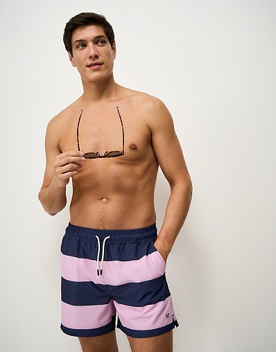 Heritage Stripe Swim Shorts in Navy and Pink