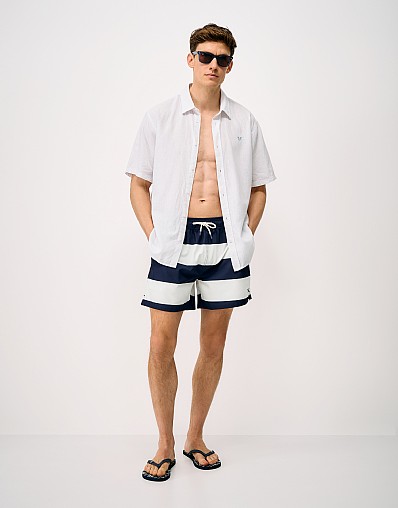 Heritage Stripe Swim Shorts in Navy and Off White