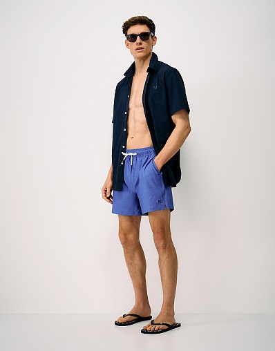 Oxford Stripe Seersucker Swim Shorts in Blue and Navy