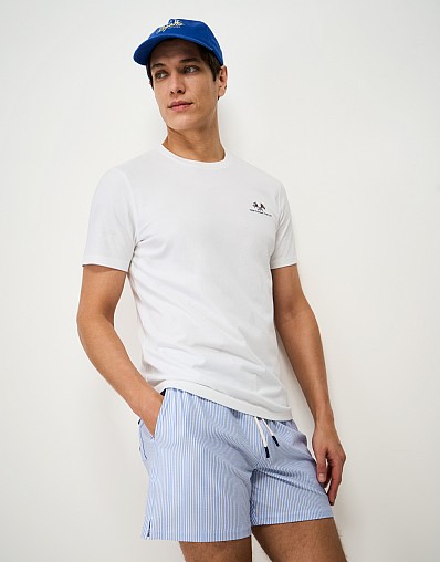 Oxford Stripe Seersucker Swim Shorts in Blue and White