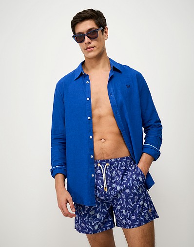 Lobster Print Swim Shorts in Navy and White