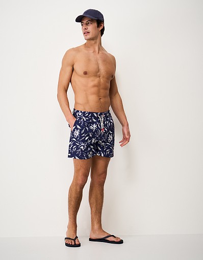 Painterly Floral Print Swim Shorts in Navy and White