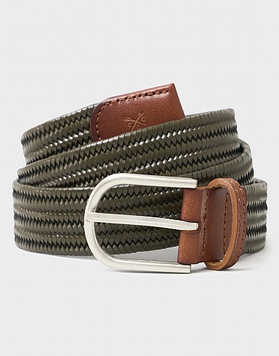 Woven Leather Stretch Belt in Olive Green