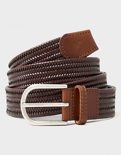 Woven Leather Stretch Belt in Brown