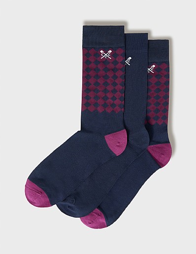 3 Pack Bamboo Socks in Mulberry & Navy Diamond Print