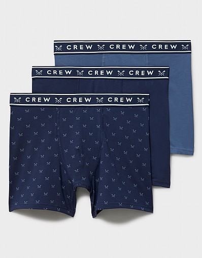 3 Pack Plain and Crossed Oars Printed Jersey Boxers in Navy and Steel Blue