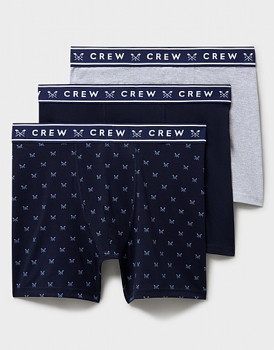 3 Pack Plain and Crossed Oars Printed Jersey Boxers in Navy and Grey
