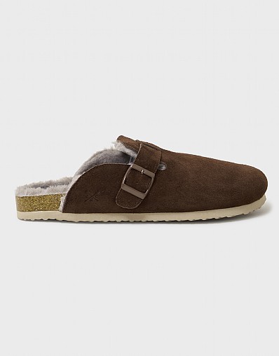 Suede Buckle Mule Slipper in Chocolate Brown