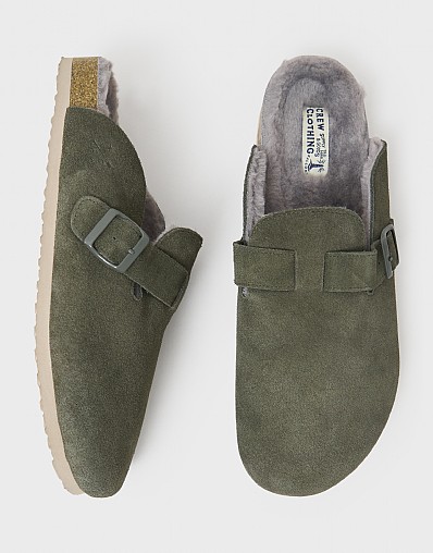 Suede Buckle Mule Slipper in Olive