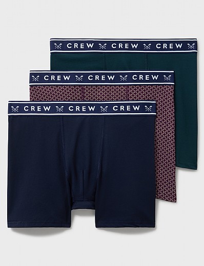 3 Pack Printed Jersey Boxers in Navy, Green and Burgundy Geo Print