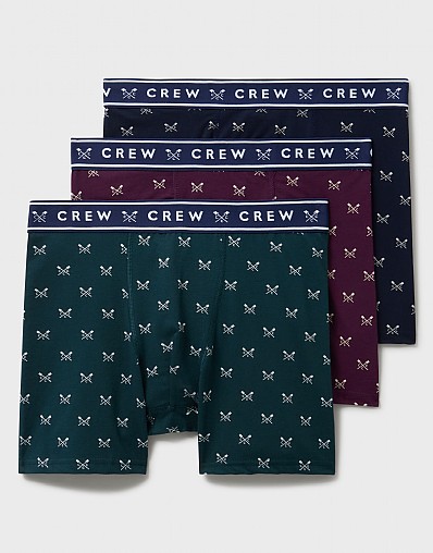 3 Pack Crossed Oars Printed Jersey Boxers in Navy, Green and Burgundy