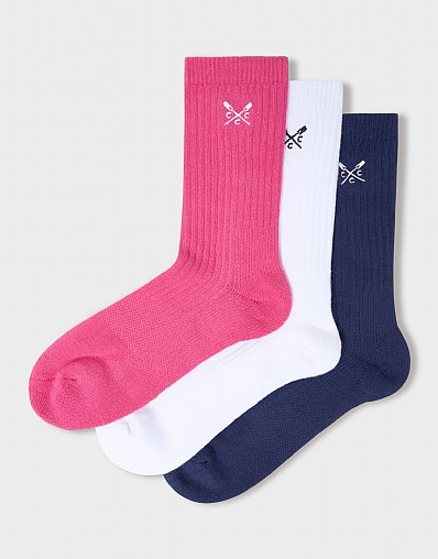 3 Pack Logo Sports Socks in White, Navy and Raspberry Pink
