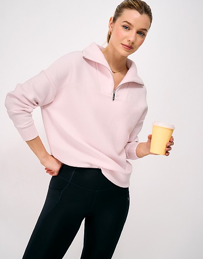 Ottoman-Knit Cooldown Half-Zip Sweat in Pink
