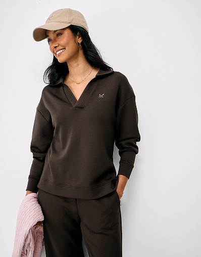 SuperLuxe Open-Neck Collar Sweatshirt in Brown