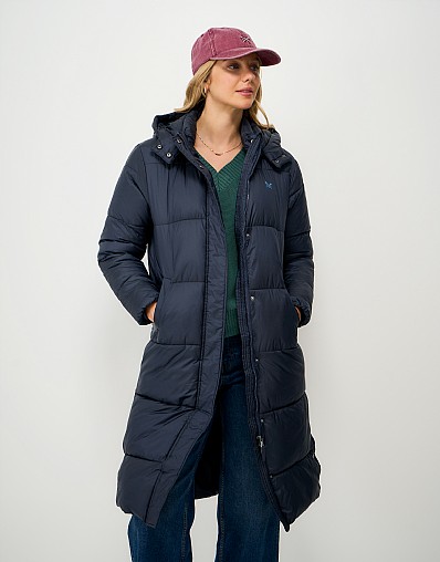 Showerproof Longline Padded Metallic Coat in Navy