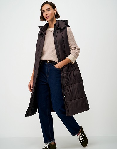 Showerproof Longline Padded Metallic Gilet in Chocolate Brown