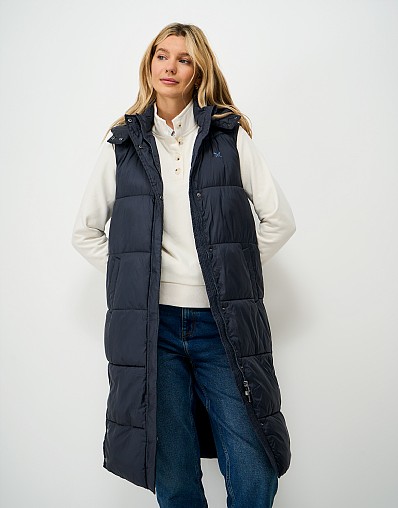 Showerproof Longline Padded Metallic Gilet in Navy