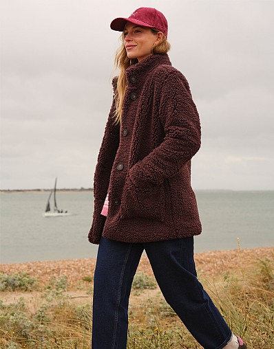 Borg Fleece Funnel Neck Jacket in Chocolate Brown