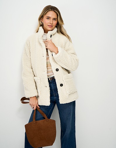 Borg Fleece Funnel Neck Jacket in Oatmeal