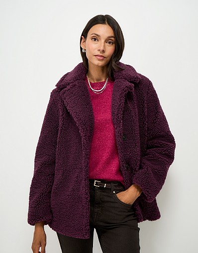 Borg Fleece Peacoat in Wine Red