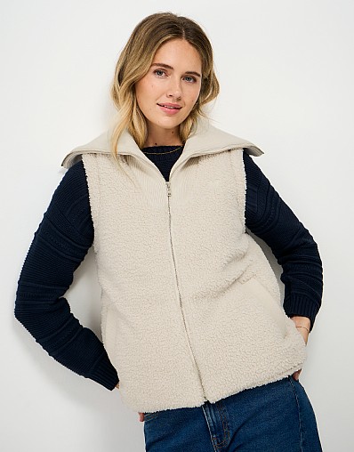 Borg Fleece Padded Gilet with Rib Collar in Oatmeal