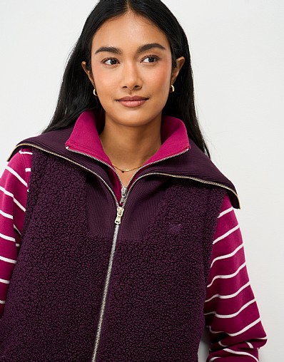 Borg Fleece Padded Gilet with Rib Collar in Wine Red