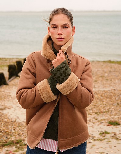 Faux Shearling Aviator Jacket in Tan