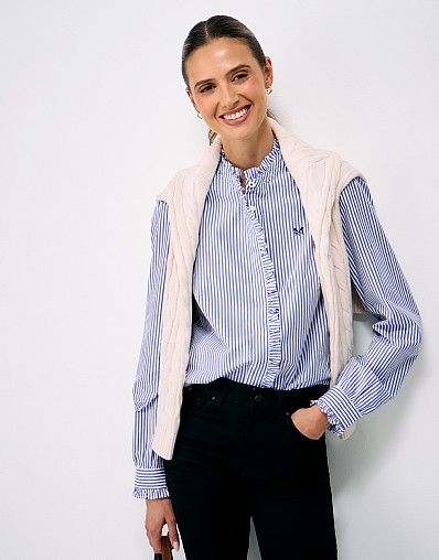 Frill Neck Poplin Blouse in Blue and White Stripes