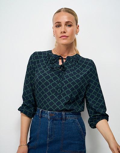 Orla Tie Neck Geometric Rope Print Blouse in Teal