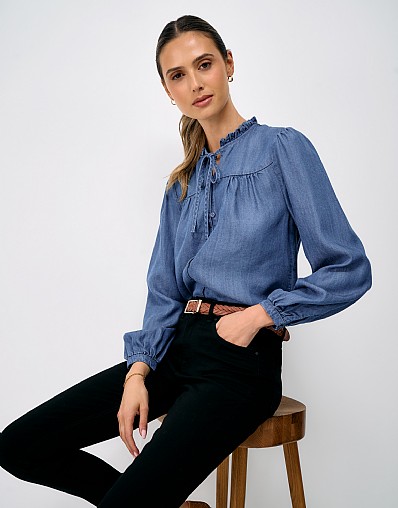 Noemi Button Through Blouse in Chambray Blue