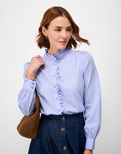 Harmony Frill Cotton Jacquard Blouse in Blue