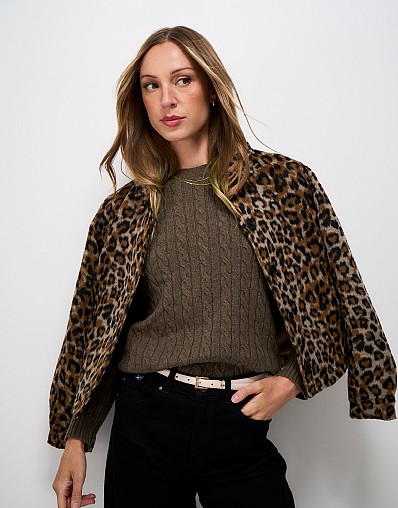 Merino Blend Cable Knit Crew Neck Jumper in Brown